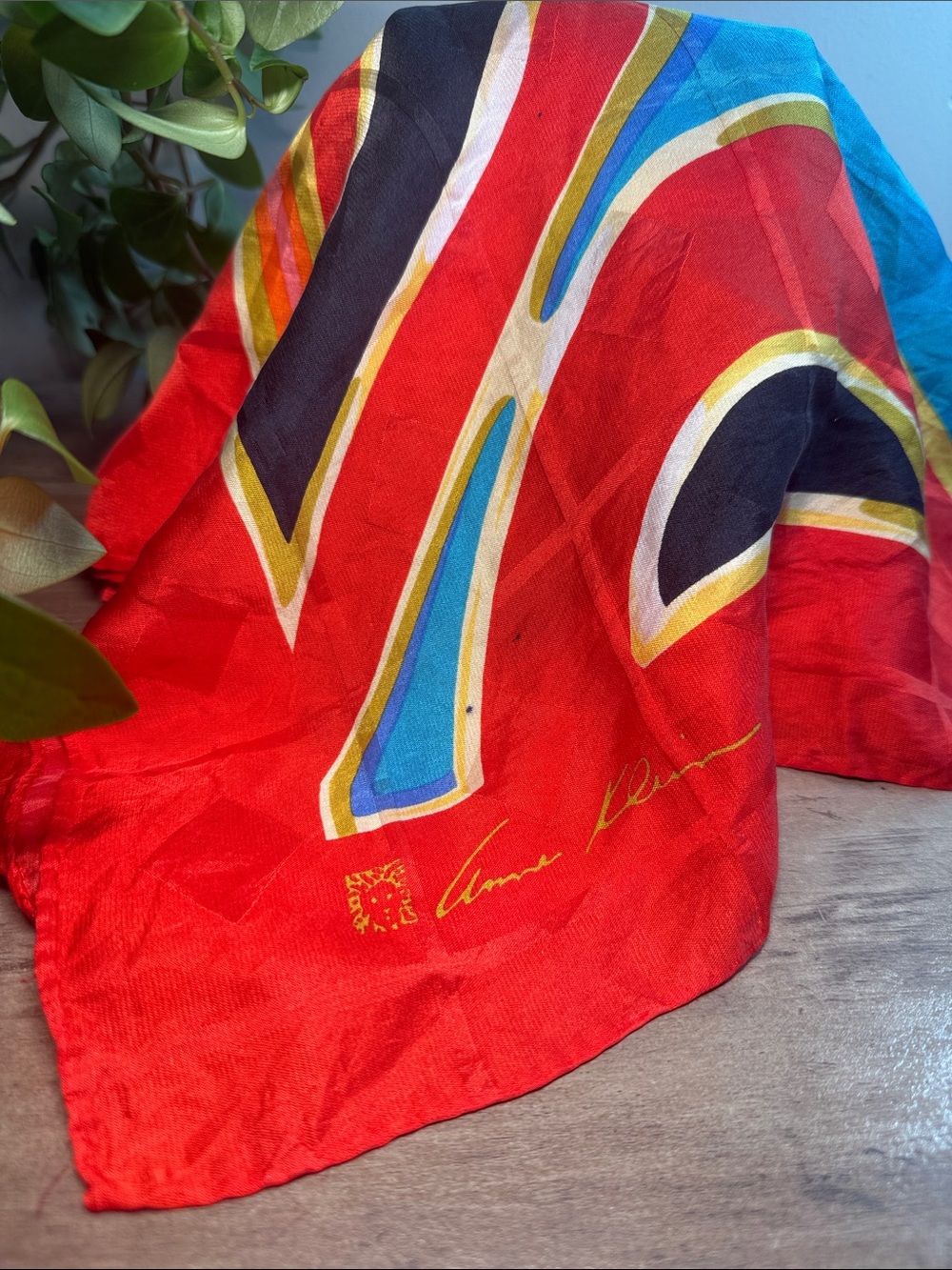 Vintage Anne Klein Signed Scarf Red Abstract Geometric Lion